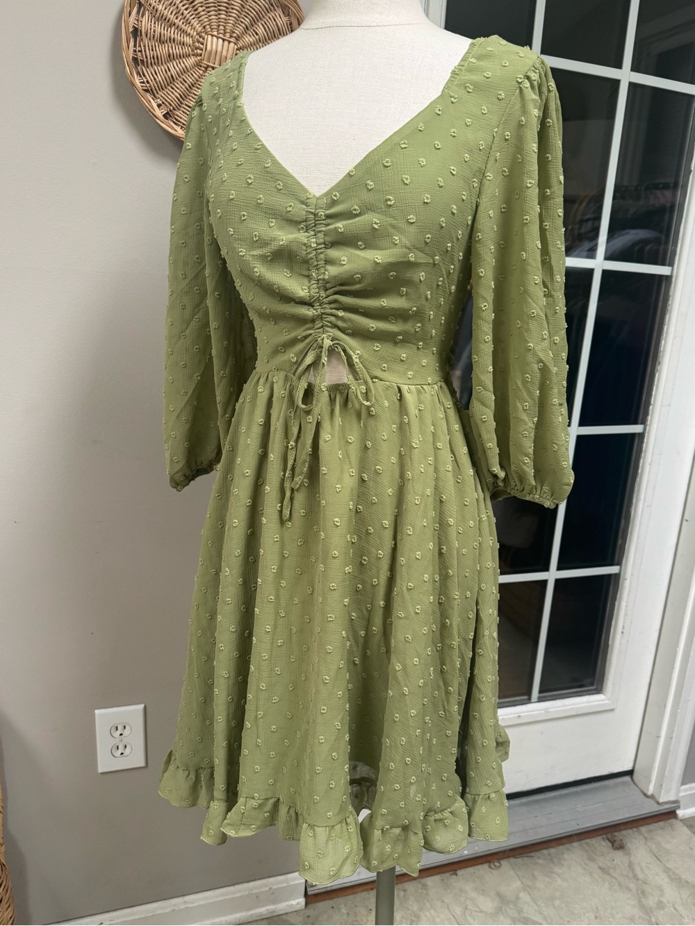 NWT Exlura Swiss Dot Ruched Cutout Tie Back Mini Dress Sage Green Small